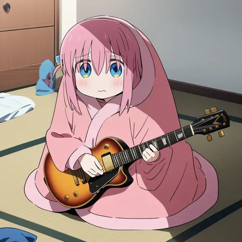 anime girl with pink hair sitting on the floor playing a guitar