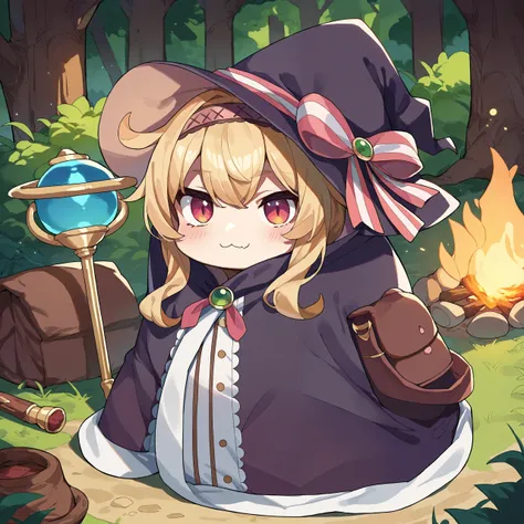 anime girl in a witch costume sitting in the woods with a glass