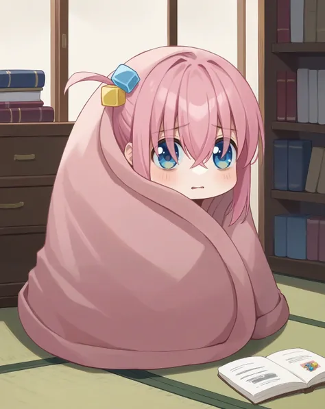 anime girl with pink hair wrapped in a blanket reading a book