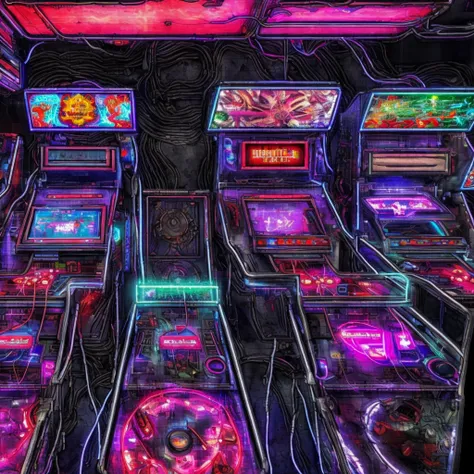 a close up of a bunch of arcade machines with neon lights