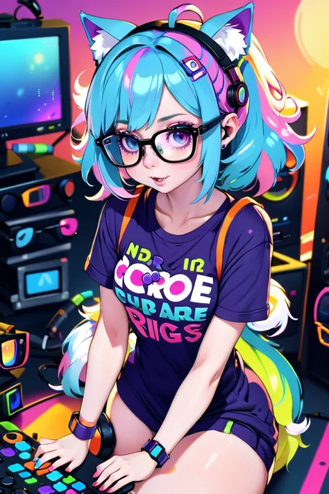 nerdcore, thick glasses, gaming rig, t-shirt, 1girl, woman, (incredibly detailed Whimsical:1.3) cute catgirl, full body, lingerie, [:colorful, formal costume design,:0.2], bombshell hair, pastel sunset hair, Straight Hair, toned body, athletic build, narro...