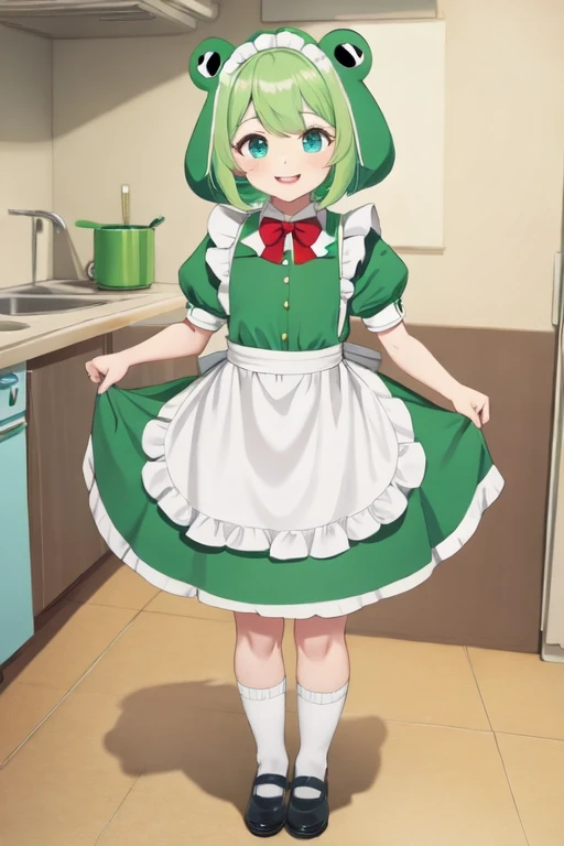 anime character dressed in green and white dress standing in kitchen