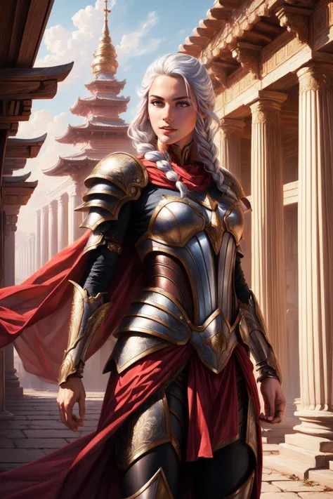 <lora:more_details:0.4> magv1ll  <lora:sxz-mtg_magali_villeneuve_magv1ll:0.4>, art by magali villeneuve, cowboy shot of paladin lady, ornate armor, ornate pauldrons, glowing yellow eyes, white hair, braid, red cape, temple indoors