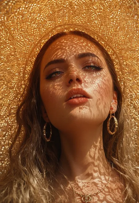 a close up of a woman wearing a straw hat and gold jewelry