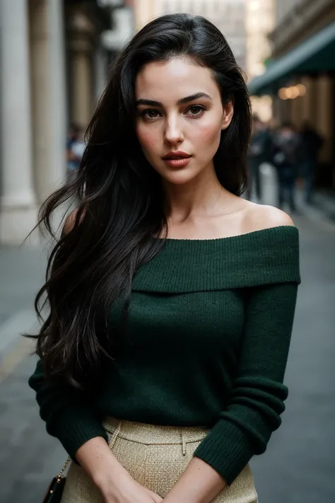 photo of gorgeous (mbe11ucci:0.99), a beautiful woman, perfect hair, (modern photo), (Grass Green off-shoulder sweater), 85mm, (analog, cinematic, film grain:1.3), (An interactive augmented reality architecture tour, allowing visitors to experience archite...