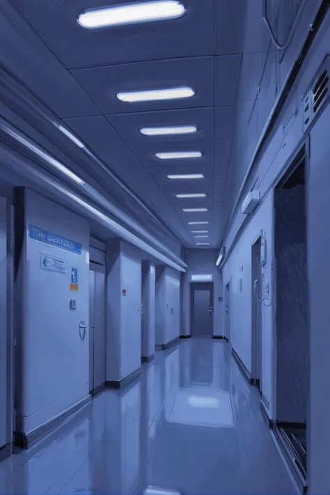 a dimly lit hallway with a lot of white doors and a blue light