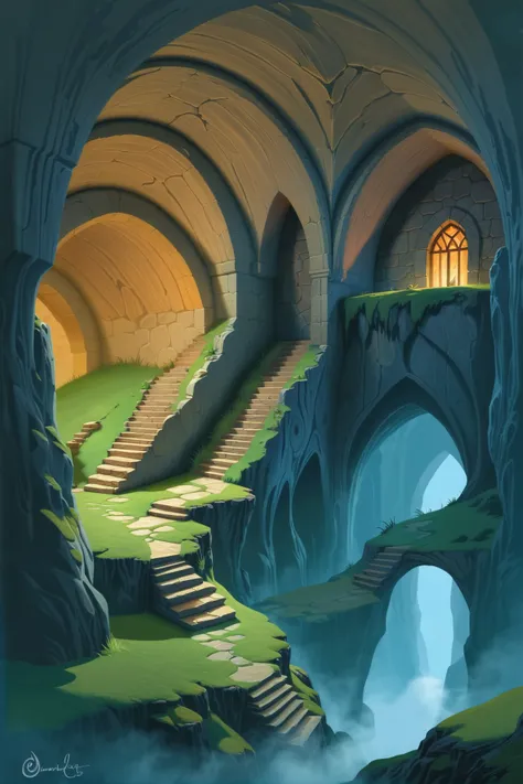 a painting of a stairway leading to a cave with stairs