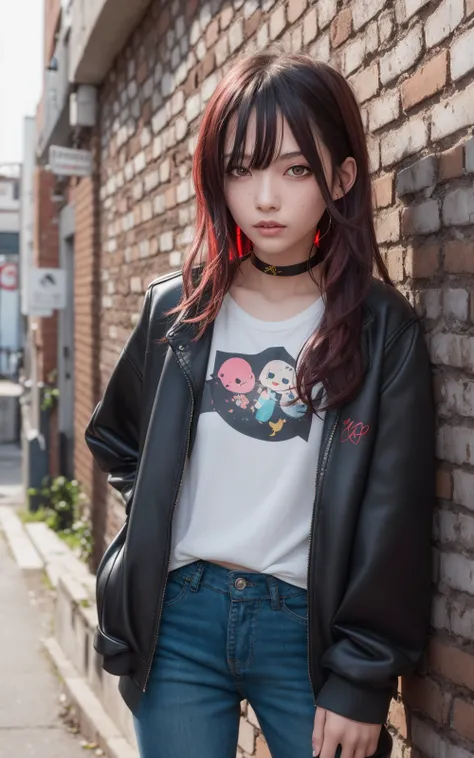 1girl, long hair, black hair, messy hair, red highlights, hair over one eye, red eyes, sharp eyes, choker, neon shirt, torn legw...