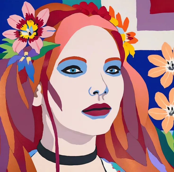 <lora:w3ss:1>w3ss, woman, red hair, face, flowers in hair and beside her, choker, eyeshadow, lipstick, painting, canvas