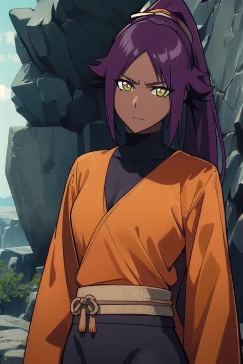 yoruichishihouin, <lyco:yoruichishihouinv2-lyco-nochekaiser:1>,
yoruichi shihouin, long hair, (yellow eyes:1.5), ponytail, purple hair, dark skin, dark-skinned female,
BREAK bodysuit, black bodysuit, bodysuit under clothes, (orange shirt:1.5), long sleeves...