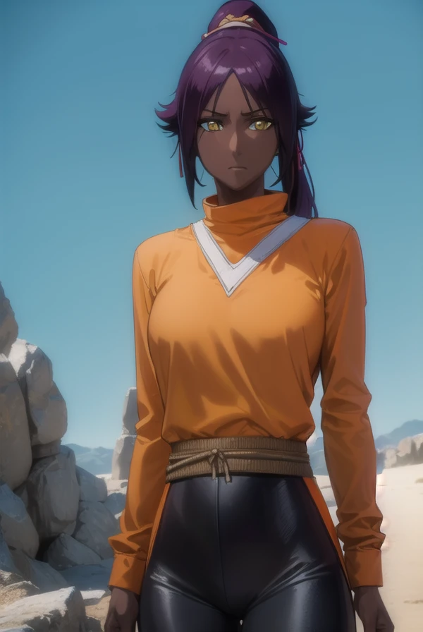 yoruichishihouin, <lyco:yoruichishihouin-lyco-nochekaiser:1>,
yoruichi shihouin, long hair, (yellow eyes:1.5), ponytail, purple hair, dark skin, (dark-skinned female:1.5),
BREAK bodysuit, black bodysuit, bodysuit under clothes, (orange shirt:1.5), long sle...