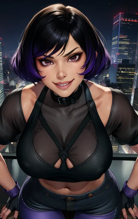 Reina,black and purple hair,brown eyes,smile,fingerless gloves,
collar,black crop top,navel,toned,short sleeves,see-through,puffy sleeves,evil smile,sagging breasts,
leaning forward,
night,cityscape,
(insanely detailed, masterpiece, best quality),<lora:Rei...