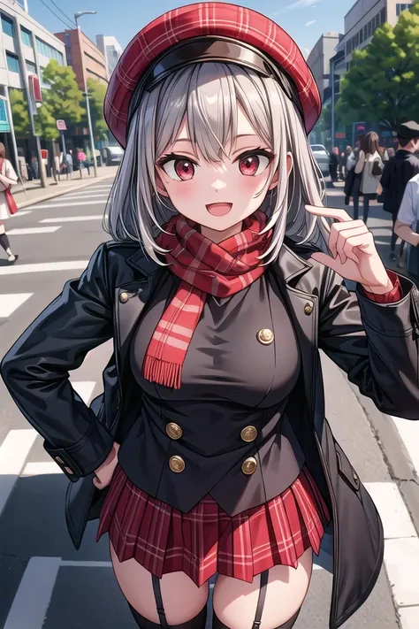 anime girl in a red and black outfit posing on a street