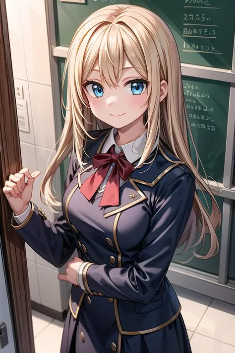 anime girl in uniform standing in front of a blackboard