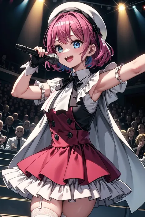 anime girl in a short dress holding a microphone in front of a crowd