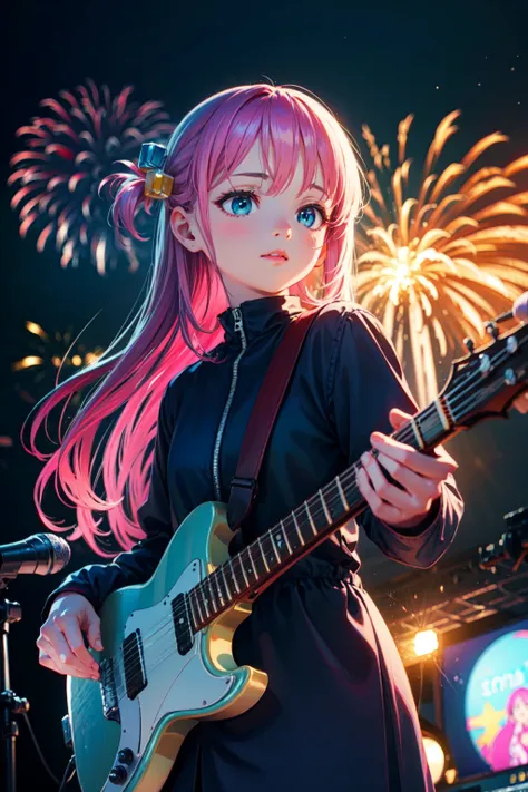 a woman with pink hair playing a guitar in front of fireworks