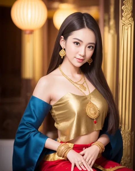 1girl, (ulzzang-6500:0.7), kpop idol, yae miko, detached sleeves, bare shoulders, gold hair, long hair, thai clothes, best quality, (painting:1.5), (hair ornament:1.35), jewelry, earrings, breasts, lantern light, depth of field, detailed face, face focus,...