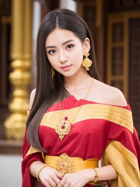 1girl, (ulzzang-6500:0.7), kpop idol, yae miko, detached sleeves, bare shoulders, gold hair, long hair, thai clothes, best quality, (painting:1.5), (hair ornament:1.35), jewelry, purple eyes, earrings, breasts, torii, cherry blossoms, lantern light, dept...