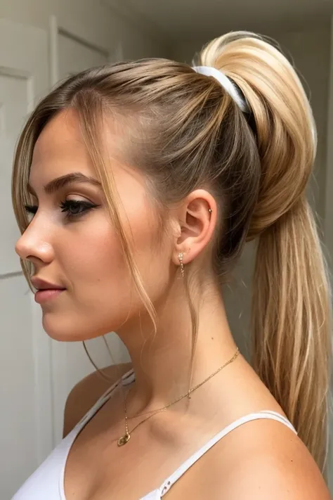 a 20 year old thick Scandinavian model, eye shadow, ponytail,