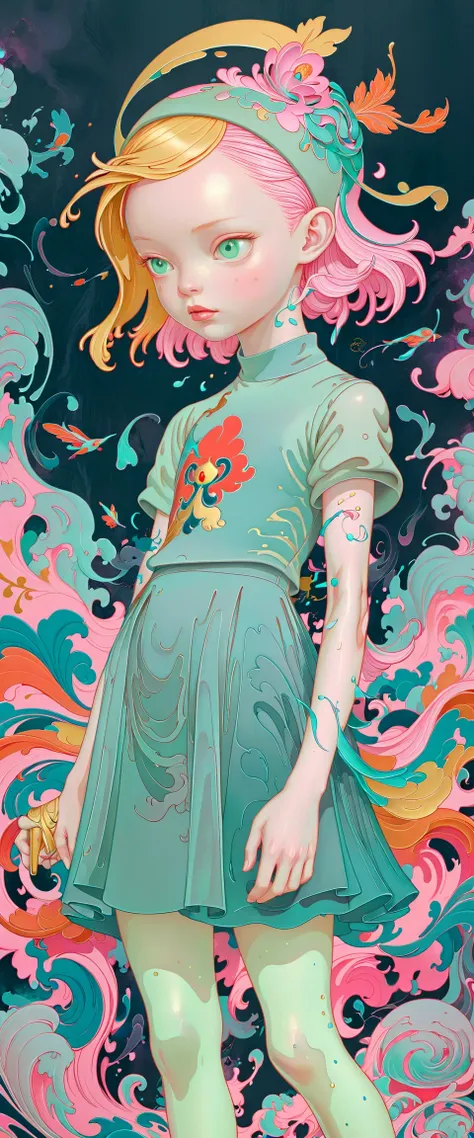 a painting of a girl in a green dress and a headband