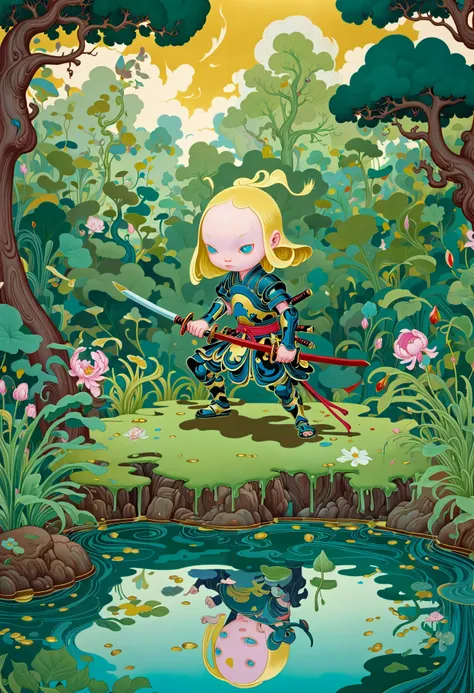 a cartoon girl in a blue outfit holding a sword in a forest