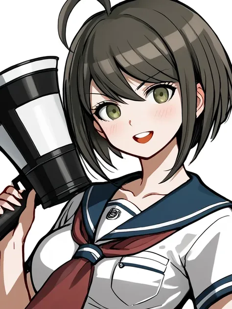 realistic, real, real*,  
megaphone, 1girl, solo, short hair, brown hair, ahoge, open mouth, school uniform, brown eyes, collarb...