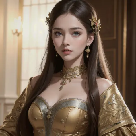 a woman in a gold dress with a tiable and a gold necklace