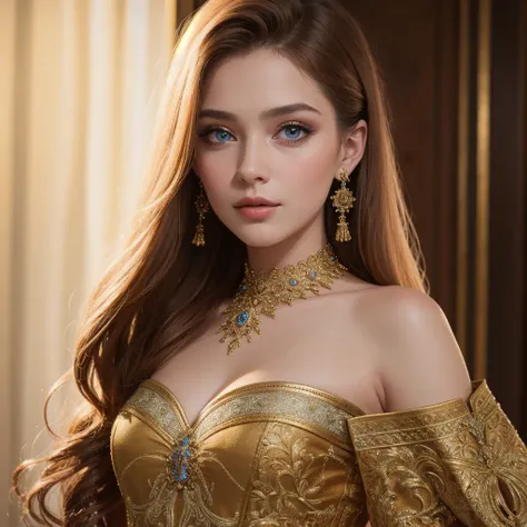 a woman in a gold dress posing for a picture