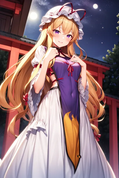 masterpiece, best_quality, 1girl, solo, yakumo yukari, shrine, night, flowing dress, blonde hair, mob cap, <lora:yukari_v1:0.8>