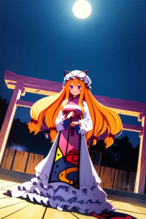 masterpiece, best_quality, 1girl, solo, yakumo yukari, shrine, night, flowing dress, blonde hair, mob cap,