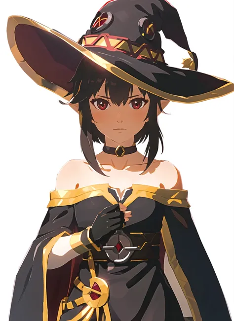 botw style,megumin, 1girl, bare shoulders, black cape, black gloves, black hair, blush, cape, choker, collarbone, dress, hair between eyes, hat, long sleeves, looking at viewer, medium hair, off-shoulder dress, off shoulder, red dress, red eyes, sidelocks,...