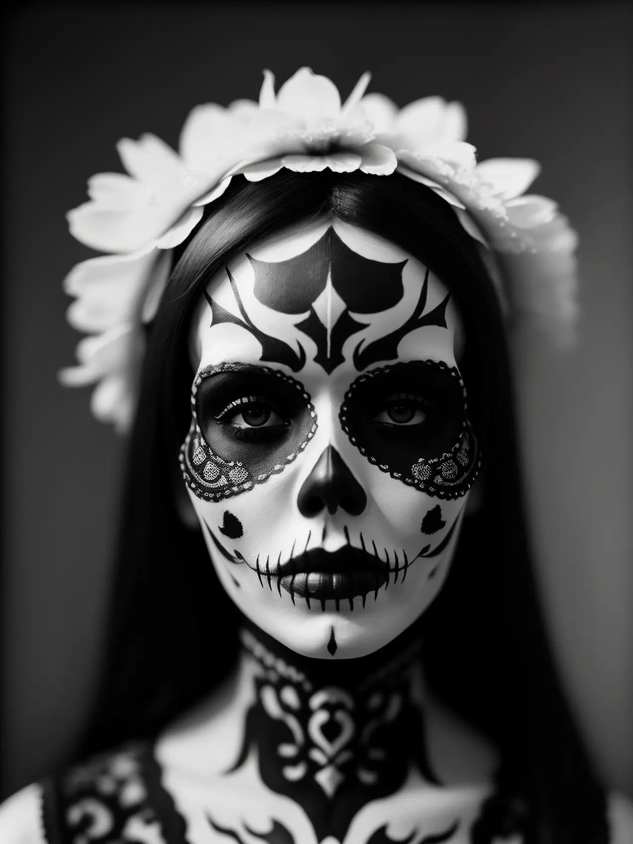 masterpiece, digital photography, portrait of a woman, skull face painting, santa muerte, ultra realistic,