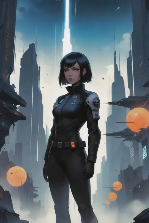 a woman in a futuristic city with a sci - fiction style background