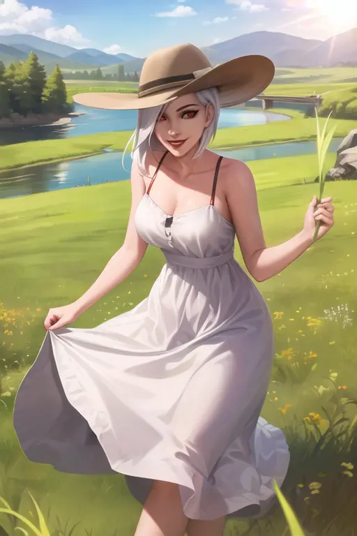 ashe, red eyes, dressed in sun dress, happy smile, grass field, river, sunlight, best quality, <lora:asheoverwatchlora_v1:0.6>