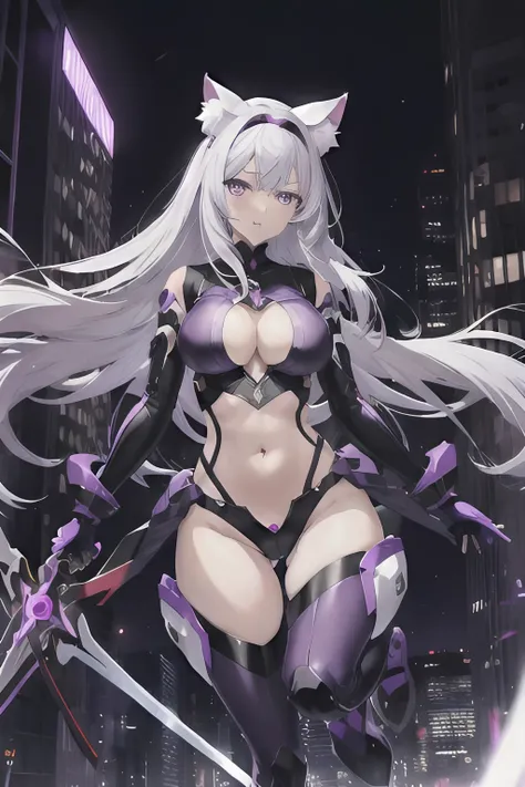 girl, cat ears, silver hair, long hair, floating hair, purple eyes, purple bodysuit, purple headgear, purple knee boots, large breasts, thighs, cleavage, stomach cutout, navel, holding sword, science fiction, buildings