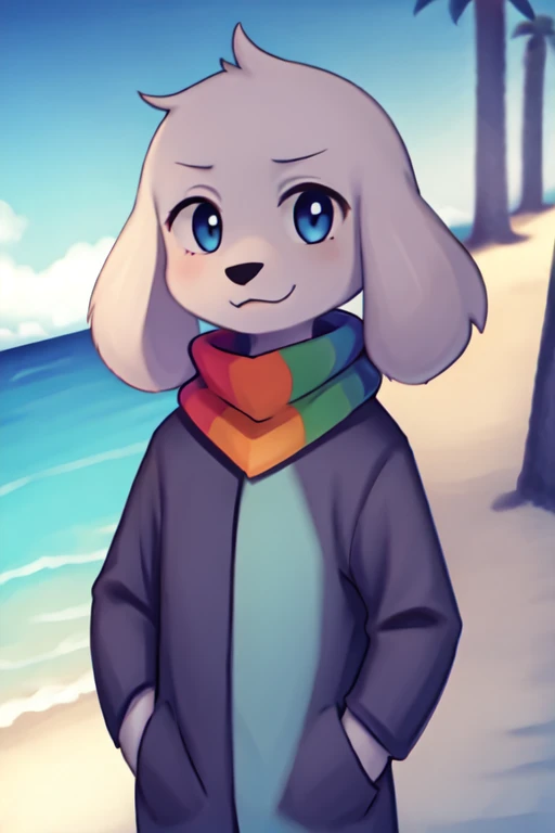 solo, 1boy, <lora:last:1>, summer, water, beach, scarf, anthro, raincoat