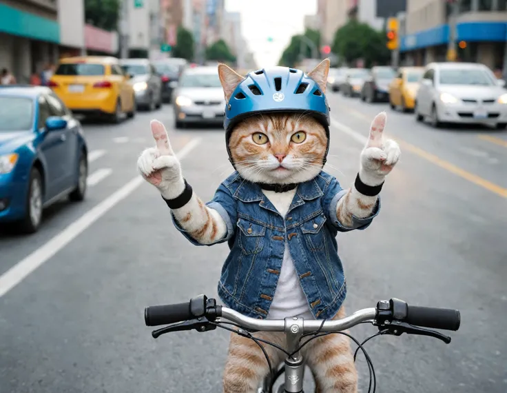 a photorealistic image of a cat wearing helmet riding a bike across the street giving hand sign inside heavy traffic,
depth of field,