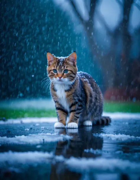 cinematic film still little cat, (close shot), snow treading, rain dripping, fog filling, . shallow depth of field, vignette, highly detailed, high budget, bokeh, cinemascope, moody, epic, gorgeous, film grain, grainy