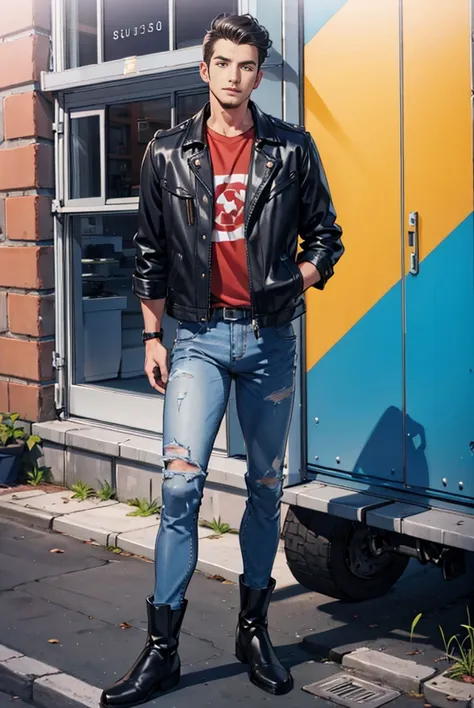 arafed man in a leather jacket and jeans standing in front of a truck