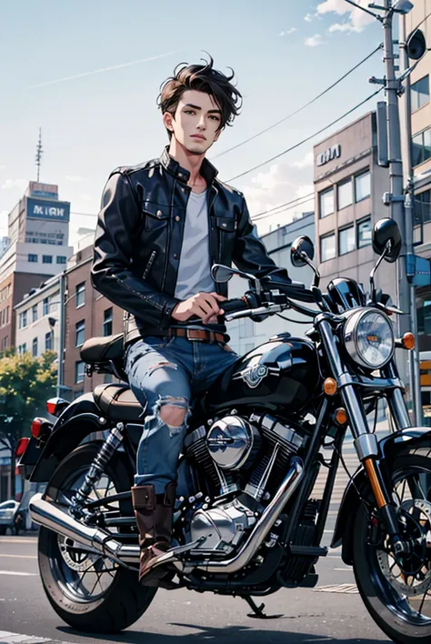 araffe man sitting on a motorcycle in the middle of the street