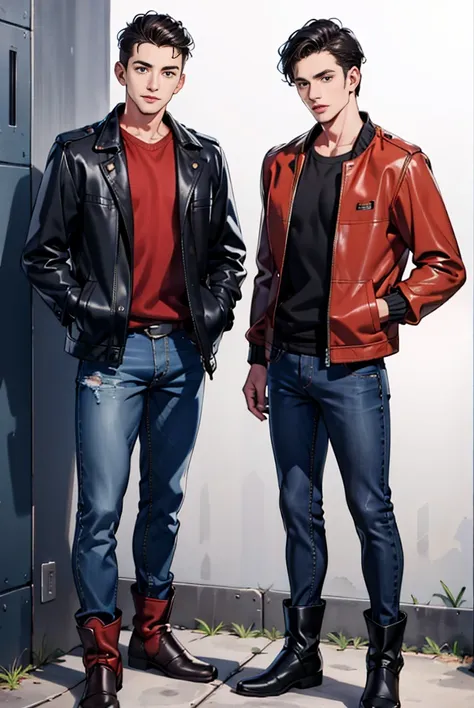 two young men in leather jackets standing next to each other