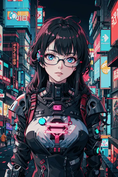 1girl, close-up, intricate details, (cyberpunk:1.4), mechanical arms, eyeglasses, messy hair, (glowing neon armor:1.2), machiner...