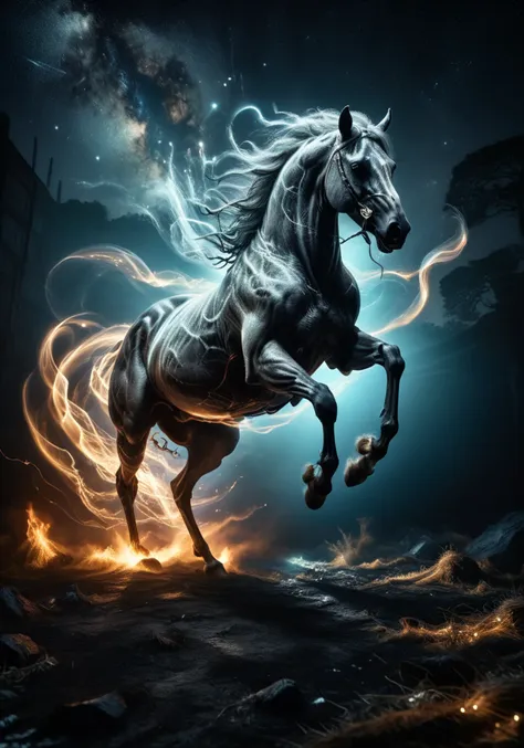 a white horse with a long mane is running through the night