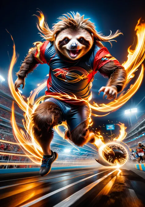 award winning spot photo of fiercely determined sloth running in the speed running competition, flame trails, speed trails, motion blur, electricity speed, epic stadium, ultra wide angle, low angle shooting, long exposure shot, detailed, by Viviane Sassen,...