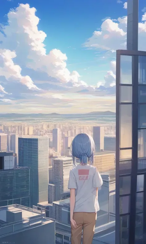 anime girl looking out over a city from a high rise building