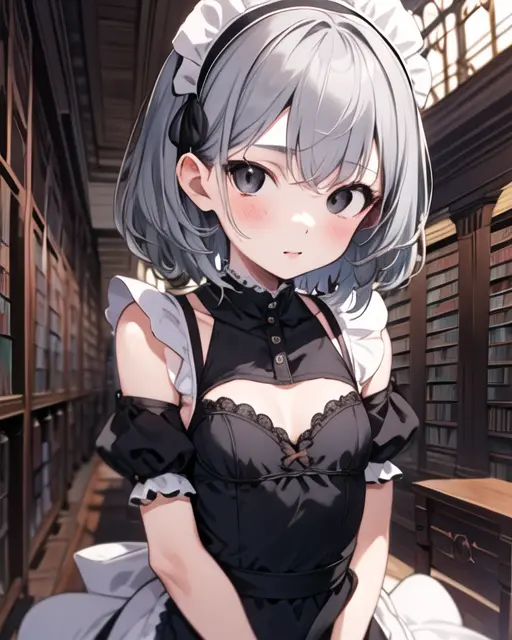 1girl, grey hair, black eyes, masterpiece, best quality, maid outfit, library, small breasts