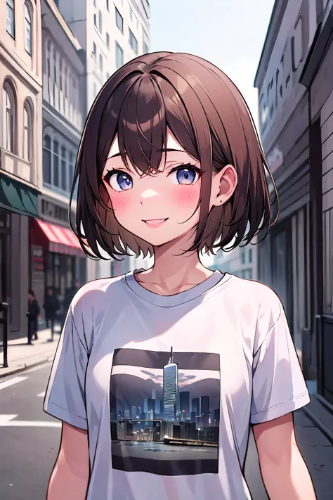 1girl, solo, brown hair, short hair, smile, medium breasts, tshirt, streetwear, masterpiece, best quality, upper body, city