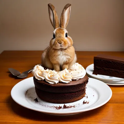 wide angle photo of a fluffy bunny eating a chocolate cake, ful body shot, cinematic lighting, high resolution, insane details, ...