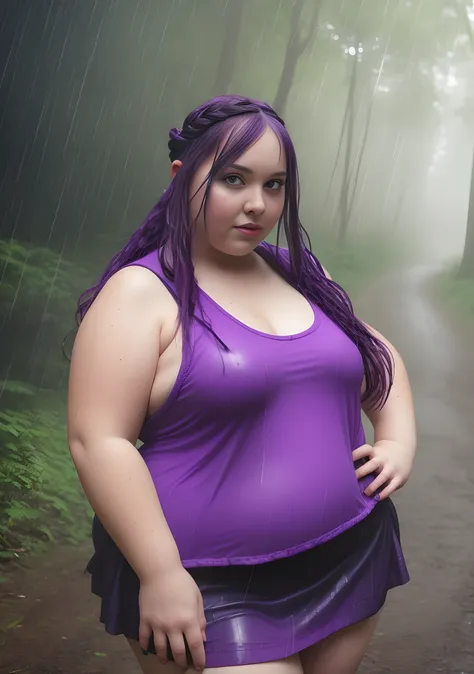 a sexy chubby woman in a forest in the rain, tanktop, skirt, choker, wet clothes, purple hair, braid, full body portrait, hyperr...