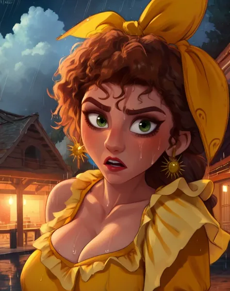 pepa,green eyes,brown hair,braid,
yellow dress,earrings,hair bow,cleavage,
standing,upper body,cowboy shot,serious,
village,night,rain,cloud above head,wet,
(insanely detailed, beautiful detailed face, masterpiece, best quality),<lora:pepaENC:0.8>,